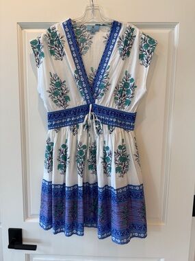 CeCe White Cotton Mini Dress with Blue and Teal Floral Print